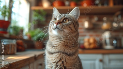  a close up of a cat sitting on a counter in a kitchen with a potted plant in the back ground and a potted plant in front of it.