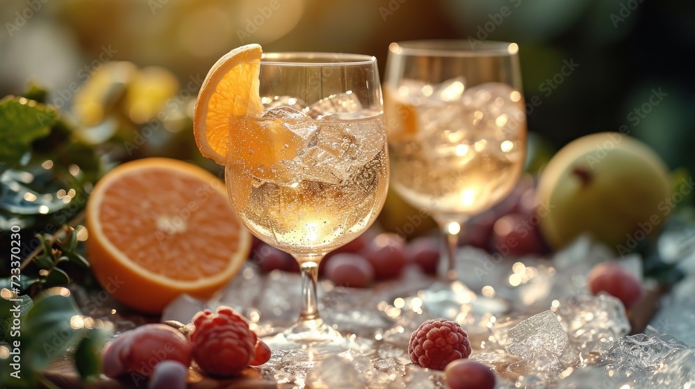  a couple of glasses of wine sitting on top of a table covered in ice next to a couple of oranges and a couple of grapes on top of ice.