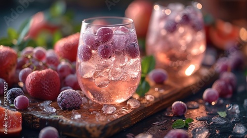  a close up of a glass of water with ice and berries on a tray next to another glass of water with ice and berries on a wooden tray with green leaves.