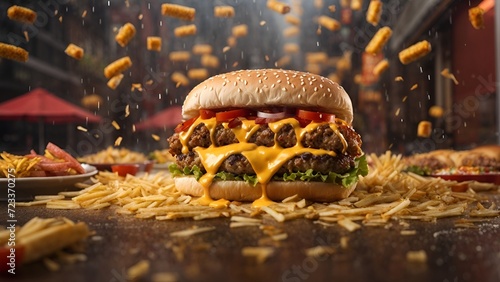 A burger amidst a fast-food downpour, its savory allure untouched by the rain. A flavorful oasis in the storm of quick bites, a delectable escape.