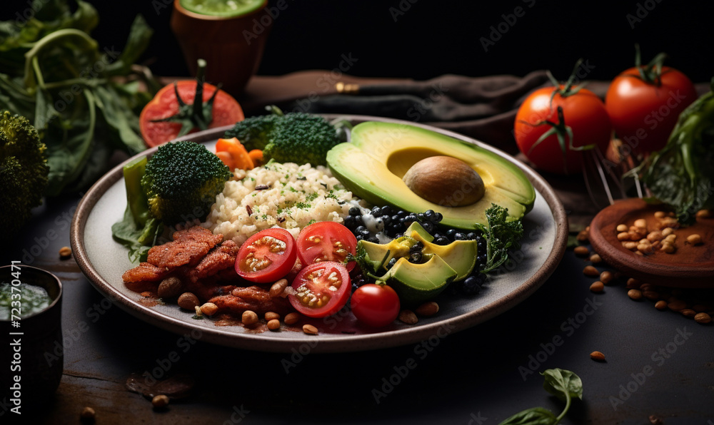 Vegetarian salad. Plate with vegan or vegetarian food. Healthy plant based diet. Healthy dinner or lunch. Top view