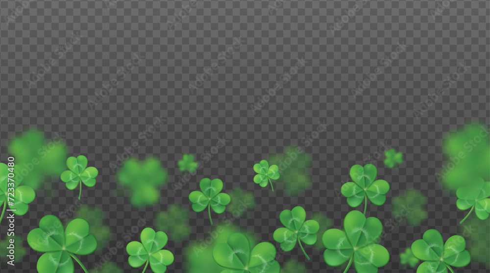 St. Patrick's day background. Flying green shamrocks on transparent background. - obrazy, fototapety, plakaty 