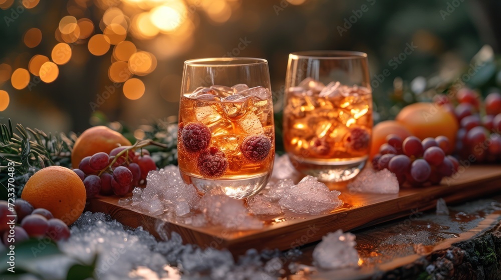a couple of glasses filled with ice next to oranges and a bunch of grapes on top of a wooden tray with ice on top of a table next to a bunch of oranges. a couple of glasses filled with ice next to oranges and a bunch of grapes on top of a wooden tray with ice on top of a table next to a bunch of oranges.
