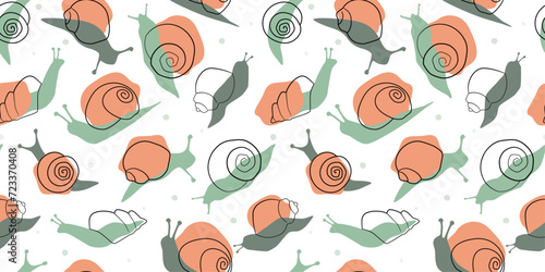 Seamless pattern with abstract snail silhouettes. Animal line art print. Vector graphics.