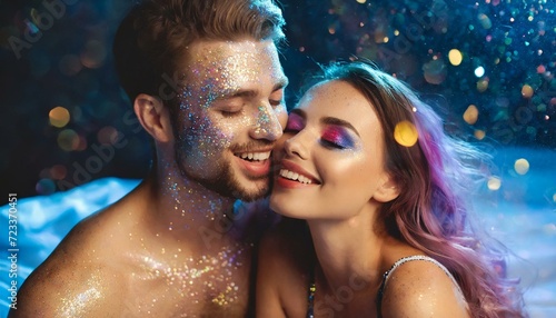 casal apaixonado na cama com glitter colorido, conceito festa carnaval photo