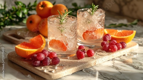  a marble tray topped with two glasses filled with ice and orange slices and garnished with a sprig of rosemary next to a bunch of oranges.