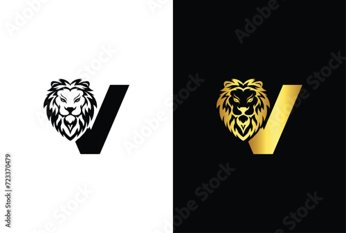 Initial Letter V Lion Head , Elegant Luxury Logo Design Vector. Lion head inside letter V Abstract, creative emblem for logotype, brand identity, company design.