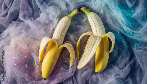 bananas sobre tecido e fumaça colorida, conceito sexual, prazer, orgulho photo