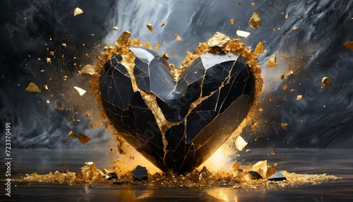 coração de pedra se partindo e revelando estilhaços de ouro