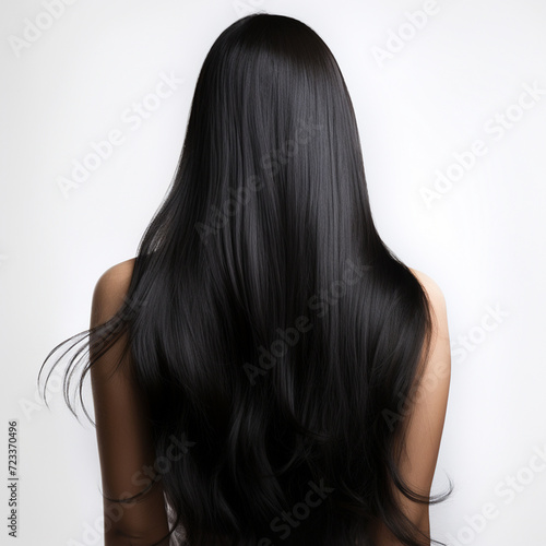 Beautiful dark long hair from behind. Black hair. Ai generated