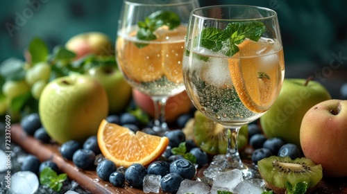  a close up of two glasses of water with fruit on the table in the background and on the table are apples, blueberries, oranges, and lemons.