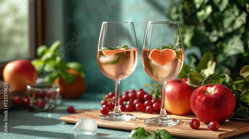  a couple of wine glasses sitting on top of a wooden cutting board next to apples and cranberries on top of a wooden cutting board on a blue surface.