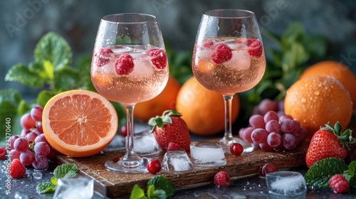 a close up of two wine glasses filled with wine next to fruit on a cutting board with ice and strawberries on a table with leaves and oranges in the background.