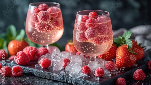  a couple of wine glasses filled with raspberries on top of ice next to a bunch of strawberries on top of a black tray with ice cubes.