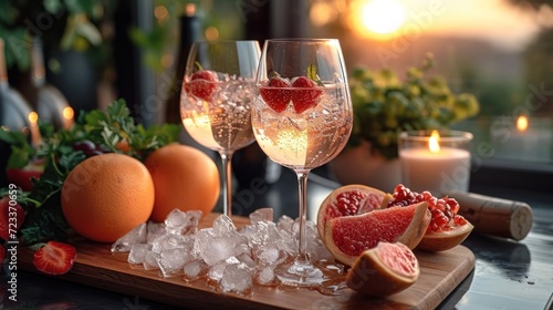  a couple of glasses of wine sitting on top of a cutting board next to some grapefruits and a couple of grapefruits on a table.