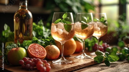  a wooden table topped with wine glasses filled with different types of wine next to a bottle of wine and a bunch of grapefruits and a bunch of green leaves.