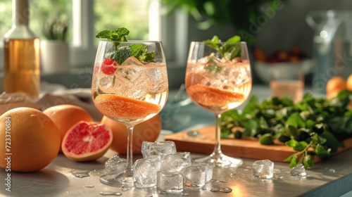  a couple of wine glasses sitting on top of a table next to grapefruits and a grapefruit on top of ice cubes next to a cutting board.