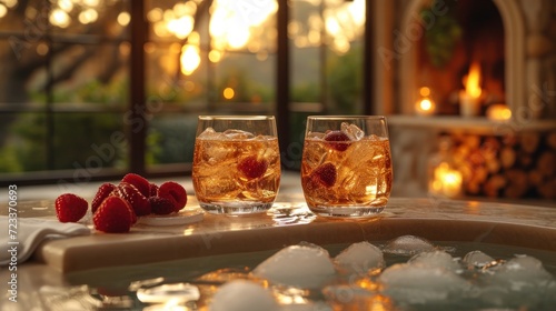  two glasses filled with ice and raspberries sit on a table next to a hot tub with a lit fireplace in the background and a lit window in the background.