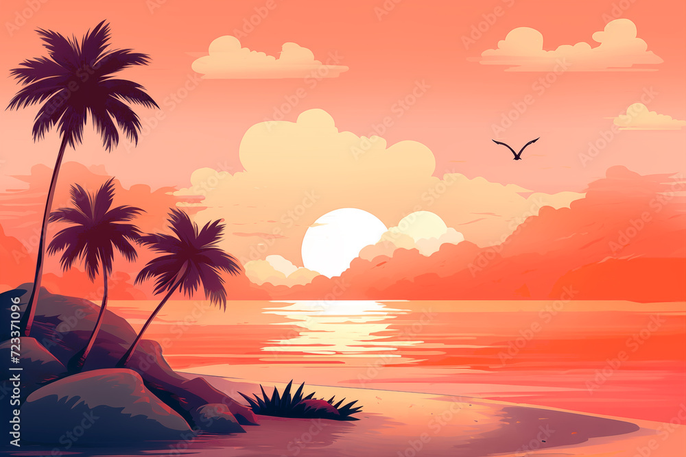 Orange gradient sandy beach at sunset with palm trees,  fluffy clouds, ocean; cartoon romantic tropical nature landscape background 