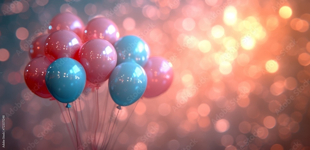 Colorful party supplies light up the room as pink and blue balloons float in celebration, adding a touch of joy and whimsy to the atmosphere Colorful party supplies light up the room as pink and blue balloons float in celebration, adding a touch of joy and whimsy to the atmosphere
