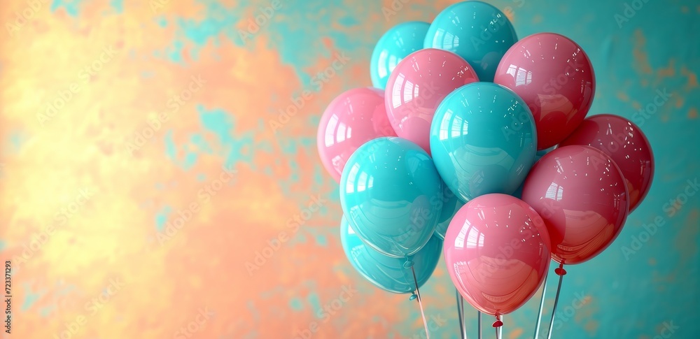 An explosion of colorful balloons in shades of pink and blue, adorned with heart designs, creates a whimsical and vibrant atmosphere perfect for any party celebration