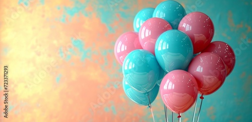 An explosion of colorful balloons in shades of pink and blue, adorned with heart designs, creates a whimsical and vibrant atmosphere perfect for any party celebration photo