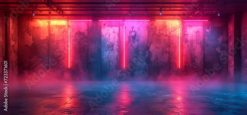A vibrant art exhibit at night  where the contrasting red and blue lights dance upon magenta walls  creating a mesmerizing atmosphere