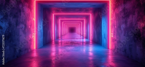 A vibrant and ethereal hallway, adorned with soft pink and blue lights, showcasing a stunning display of contemporary art