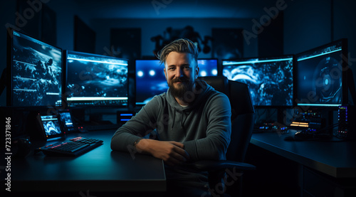 Mann in einem Hoodie sitzt am PC mit vielen Monitoren, Informatik, Medien, Coding
