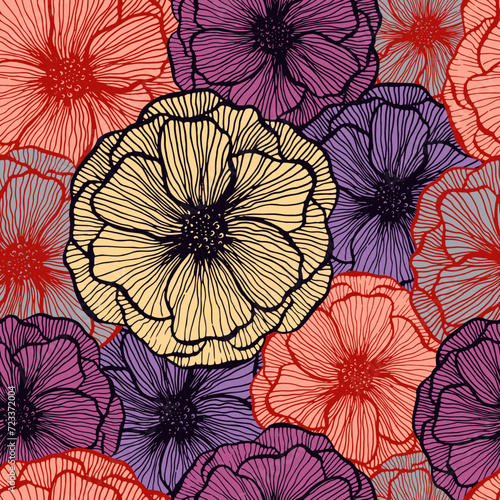 Poppy flower doodle  floral vector seamless pattern summer  fabric print desi...