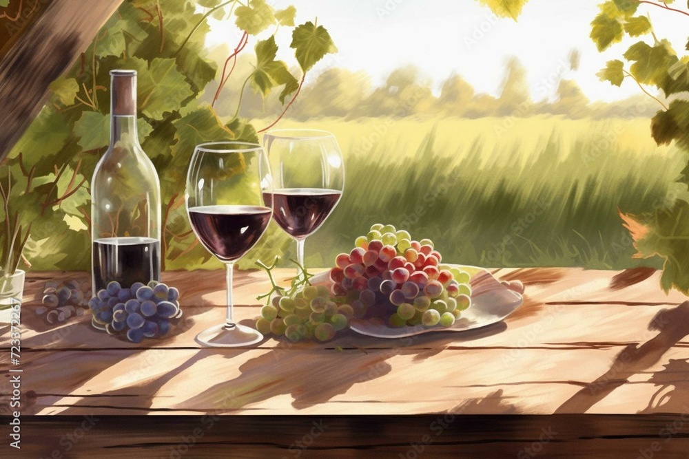 Glass, grapes, table, shade, summer, field, vineyards, illustration. Generative AI