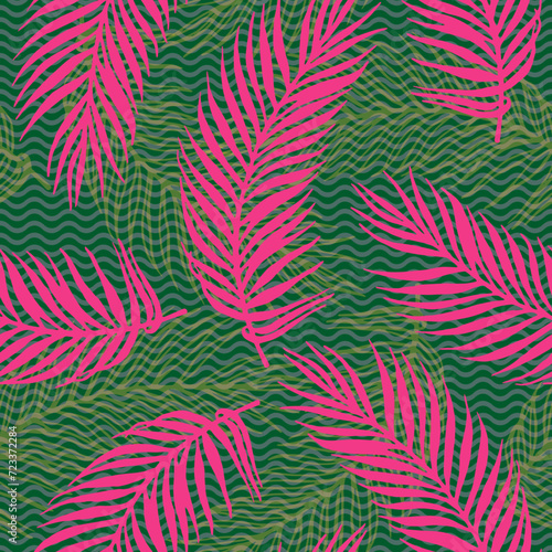 Repeat jungle palm leaves vector pattern. Botanical elements over waves texture