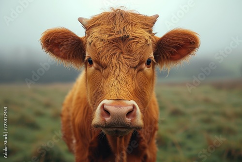 A majestic bovine stands tall in a lush green field, gazing up at the endless sky with its gentle brown eyes, embodying the peaceful essence of a terrestrial animal in its natural habitat © Larisa AI