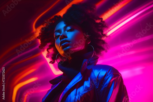 portrait of young african american woman in neon light