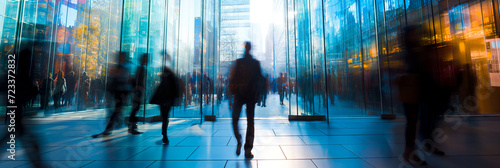 Rush hour motion, people walking in front of reflective glass buildings, panoramic city life.