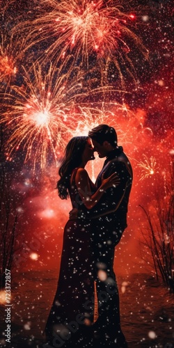 Couple in love kissing hugging being romantic at night with fireworks in the background