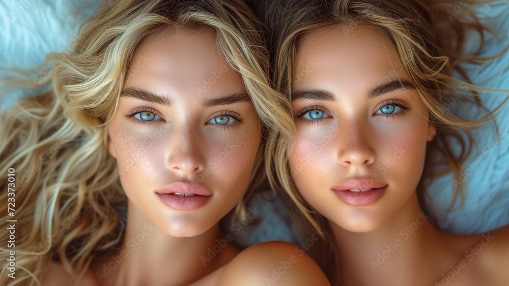 Two girls lie side by side close-up of faces Two girls lie side by side close-up of faces