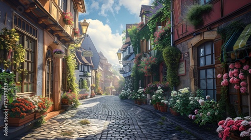 Quaint European Village Street with Cobblestone and Flowers Illustration