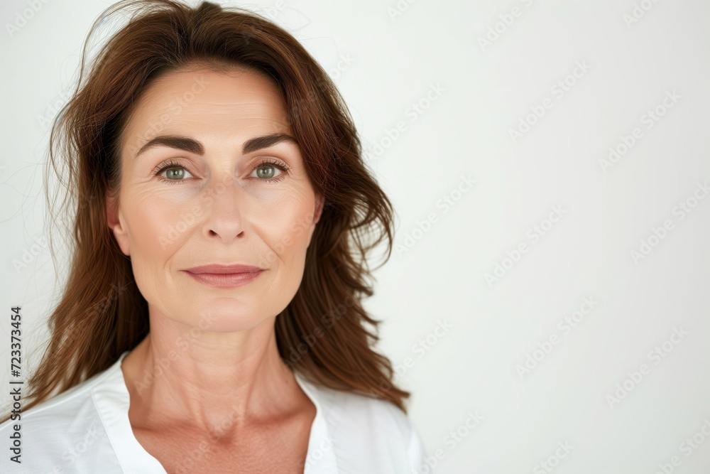 Beautiful gorgeous 50s mid aged mature woman looking at camera isolated on white. Mature old lady close up portrait. Healthy face skin care beauty, middle age skincare cosmetics Beautiful gorgeous 50s mid aged mature woman looking at camera isolated on white. Mature old lady close up portrait. Healthy face skin care beauty, middle age skincare cosmetics