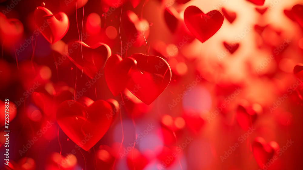 Abstract Valentine's Day red beautiful background with hearts and blurred bokeh lights. Valentine or love concept background wallpaper.