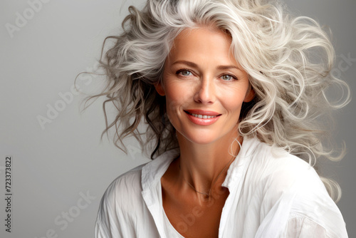 portrait of a beautiful elderly woman with gray long hair. Gorgeous Looking Elderly woman with Natural of Grey Hair.