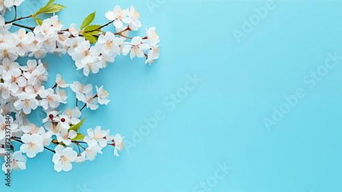 cherry blossom branch on blue background. spring blossom branch to decorate for Easter.