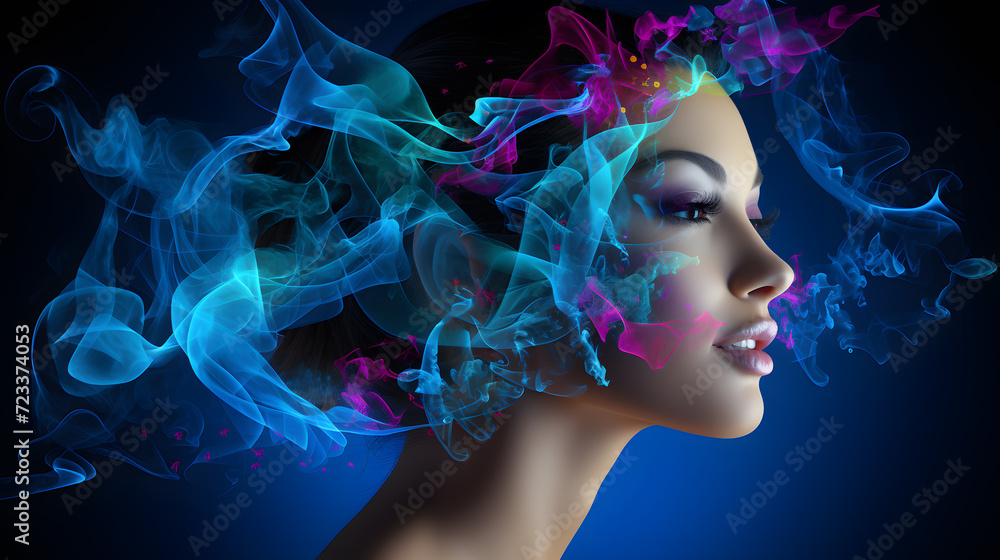 A woman with colorful smoke