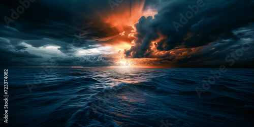 Dramatic cloudy sunset over the sea with a huge dark cloud above it