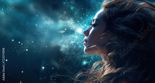 dreamy night portrait of beautiful young woman on sky with stars and galaxy background, female with waving hairs
