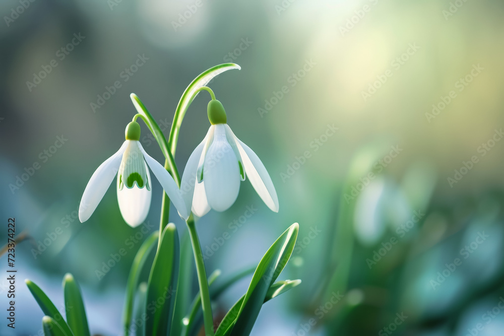 First spring flowers, wild snowdrops in the forest. Backdrop with selective focus and copy space First spring flowers, wild snowdrops in the forest. Backdrop with selective focus and copy space