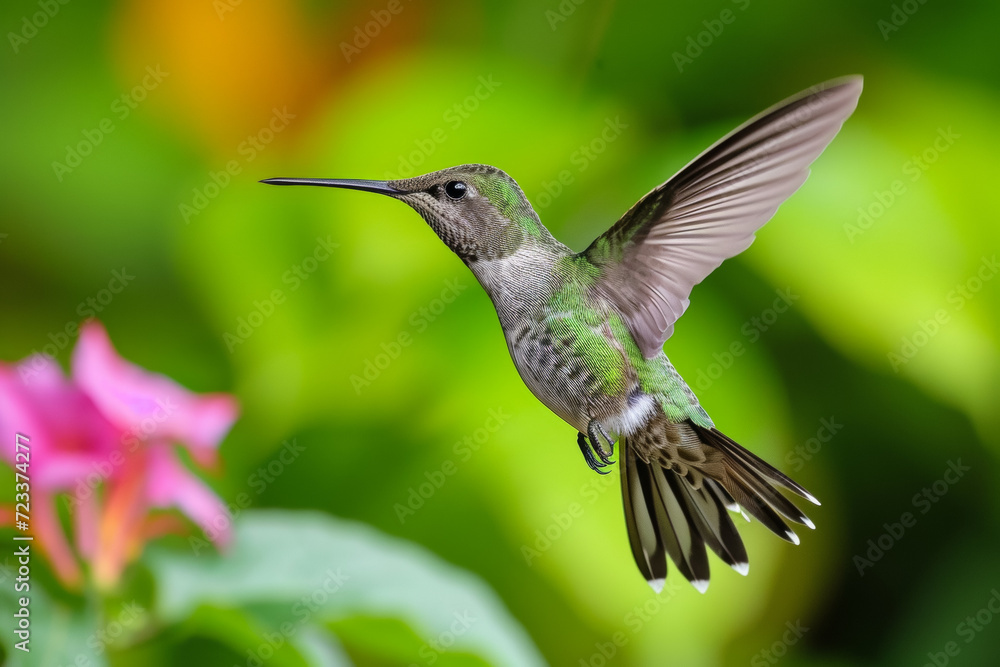 Hummingbirds in spring nature. Backdrop with selective focus and copy space Hummingbirds in spring nature. Backdrop with selective focus and copy space
