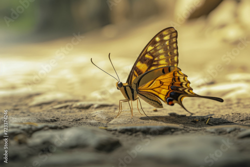 Butterfly in early spring. Backdrop with selective focus and copy space
