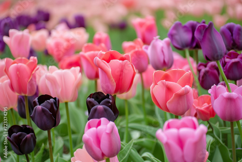 Flowerbed with spring tulips. Backdrop with selective focus and copy space