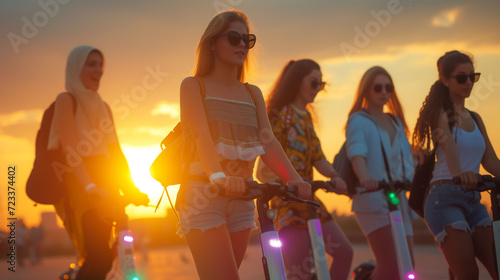 Young Women Riding Standing Electric Scooters